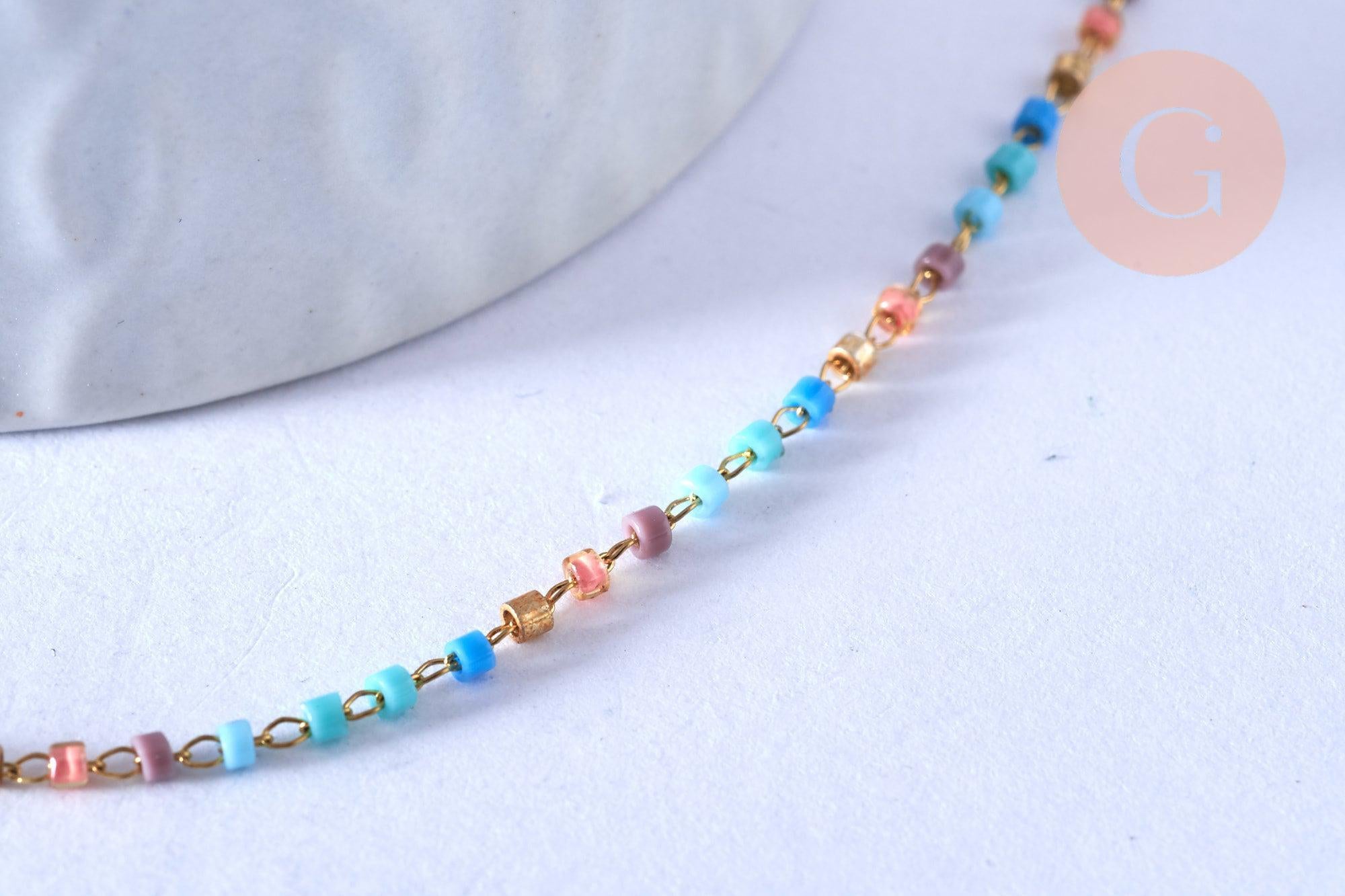 Collier Chaine complète acier doré perles rocaille multicolores artisanales, création collier acier inoxydable doré,40.7cm, x1 G5407