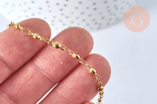 Collier Chaine complète acier dorée 14k boule, chaine fantaisie sans nickel, acier doré, chaine complète,2.mm,45.5cm, x1 G0142