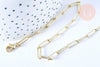 Gold paperclip chain necklace with lobster-claw clasp on white surface; features 12x3.5mm rectangular links, 46.5cm length. Collier Chaine laiton doré clair maille rectangle.