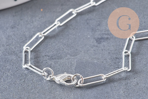 Collier Chaine maille rectangle laiton argentée complète avec fermoir 12x3.5mm, x1 (G3171)
