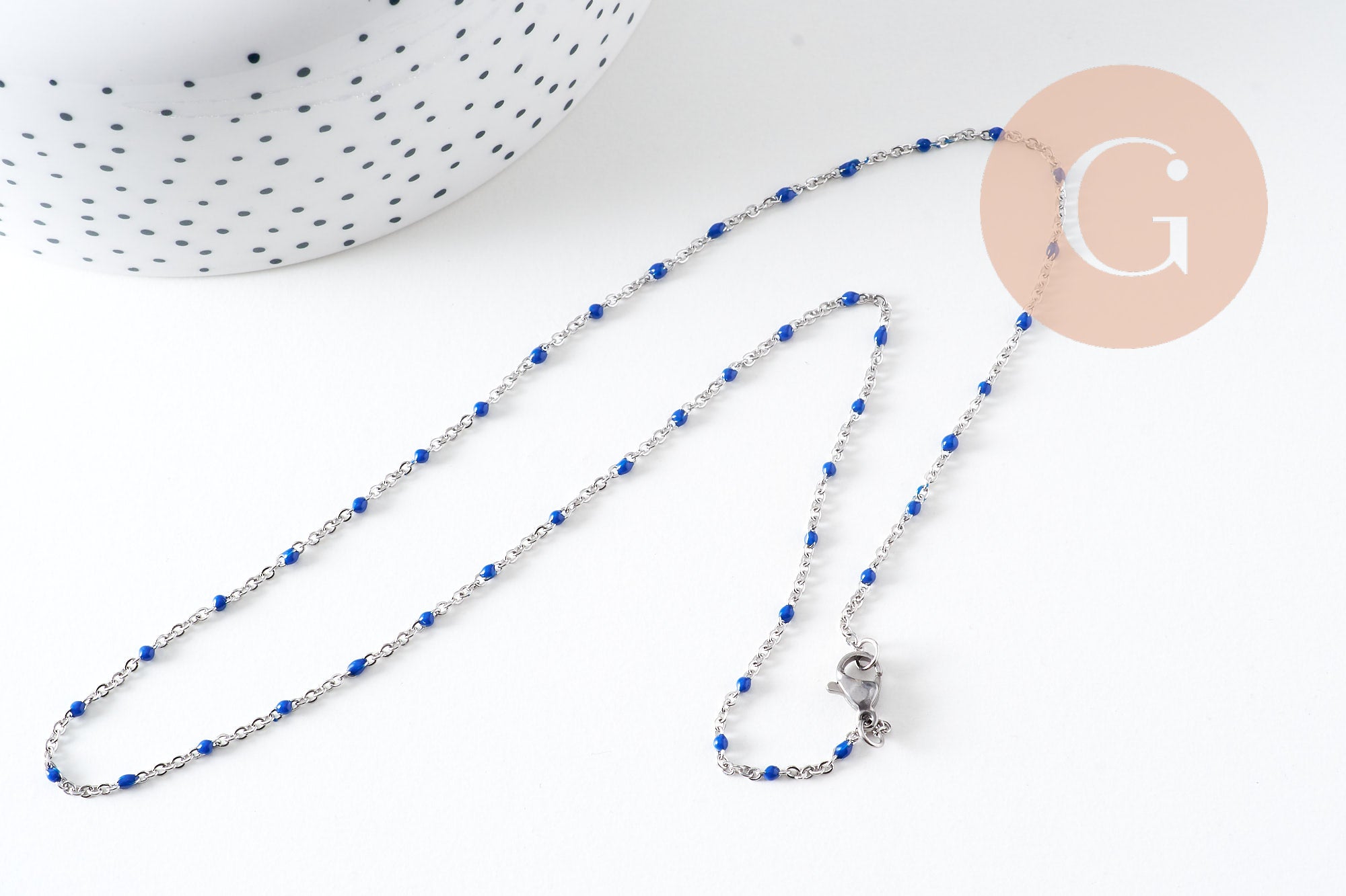 Collier Chaine satellite acier 304 inoxydable platine résine bleu complète 2mm/45cm, x1 (G1216)