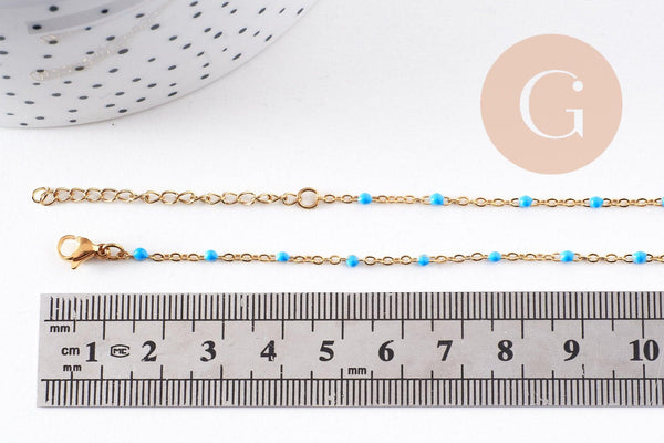 Collier acier 304 inoxydable doré 14k résine turquoise 50cm, x1 (G10197)