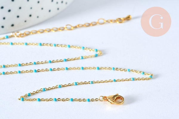 Collier chaine laiton doré 18k fantaisie résine turquoise 2mm/40cm, x1 (G3152)