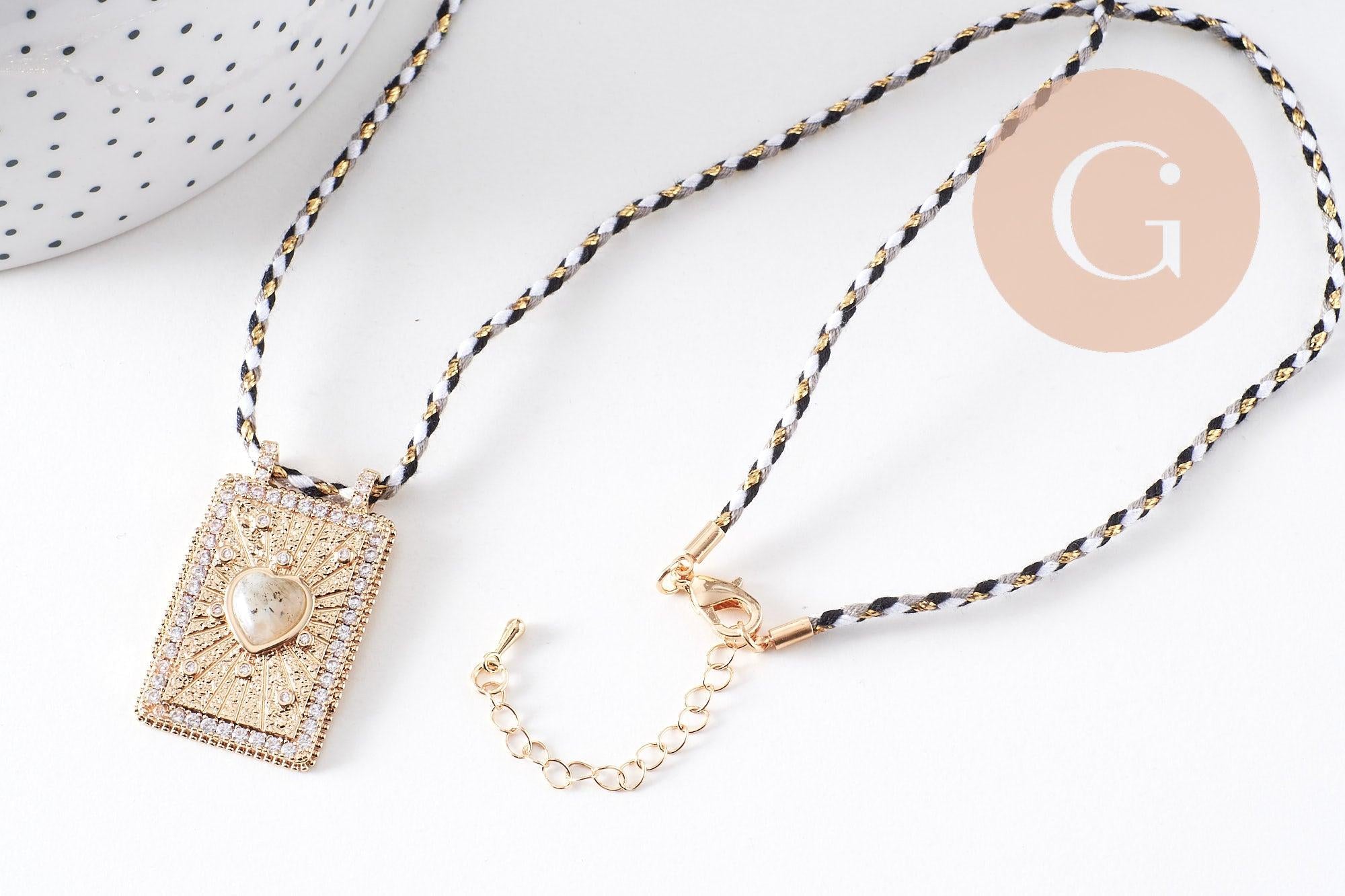 Collier médaille coeur Pyrite zircons blanc cordon tressé zamac doré 45cm x1 (G10364-9)
