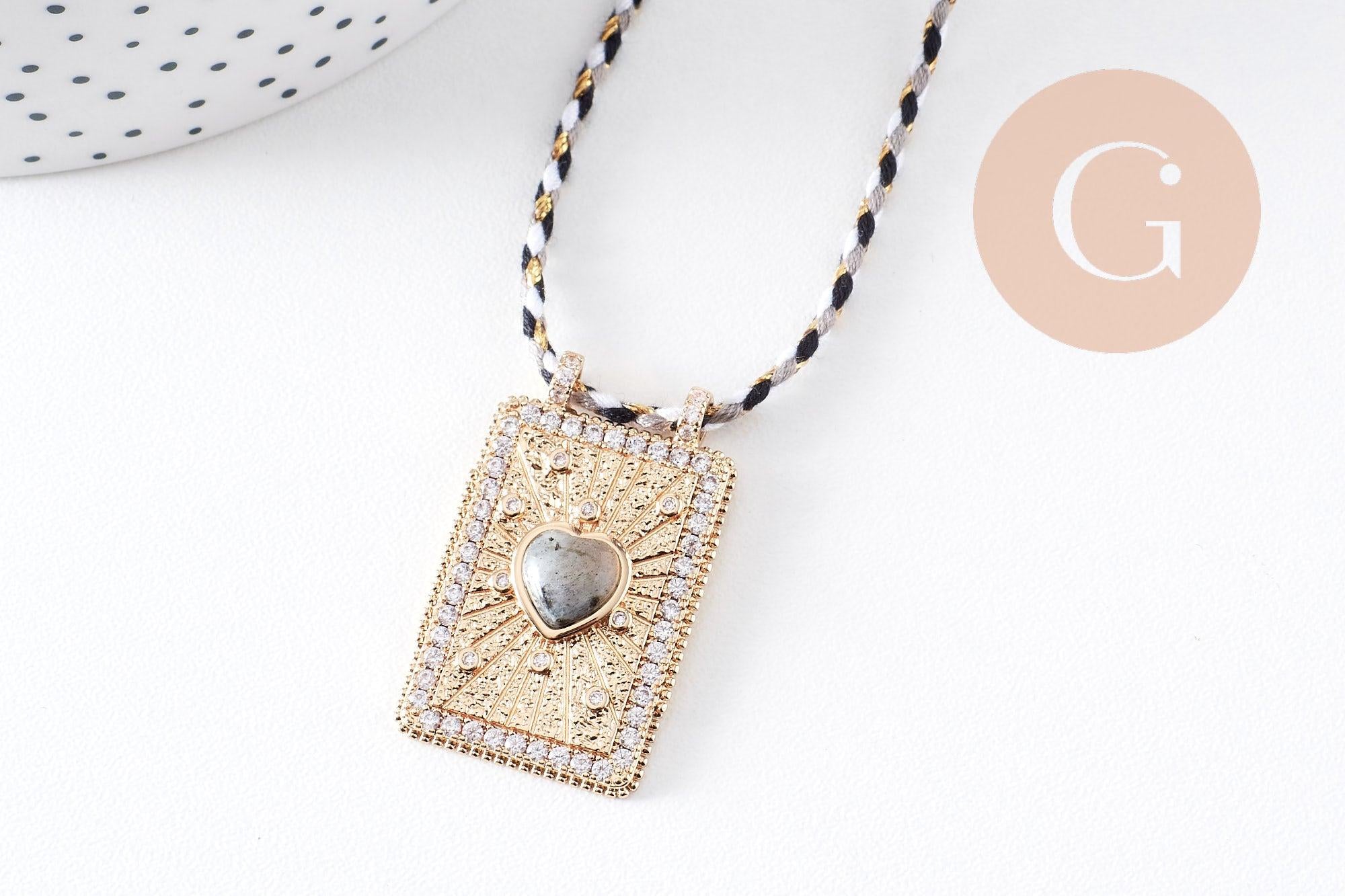 Collier médaille coeur Pyrite zircons blanc cordon tressé zamac doré 45cm x1 (G10364-9)