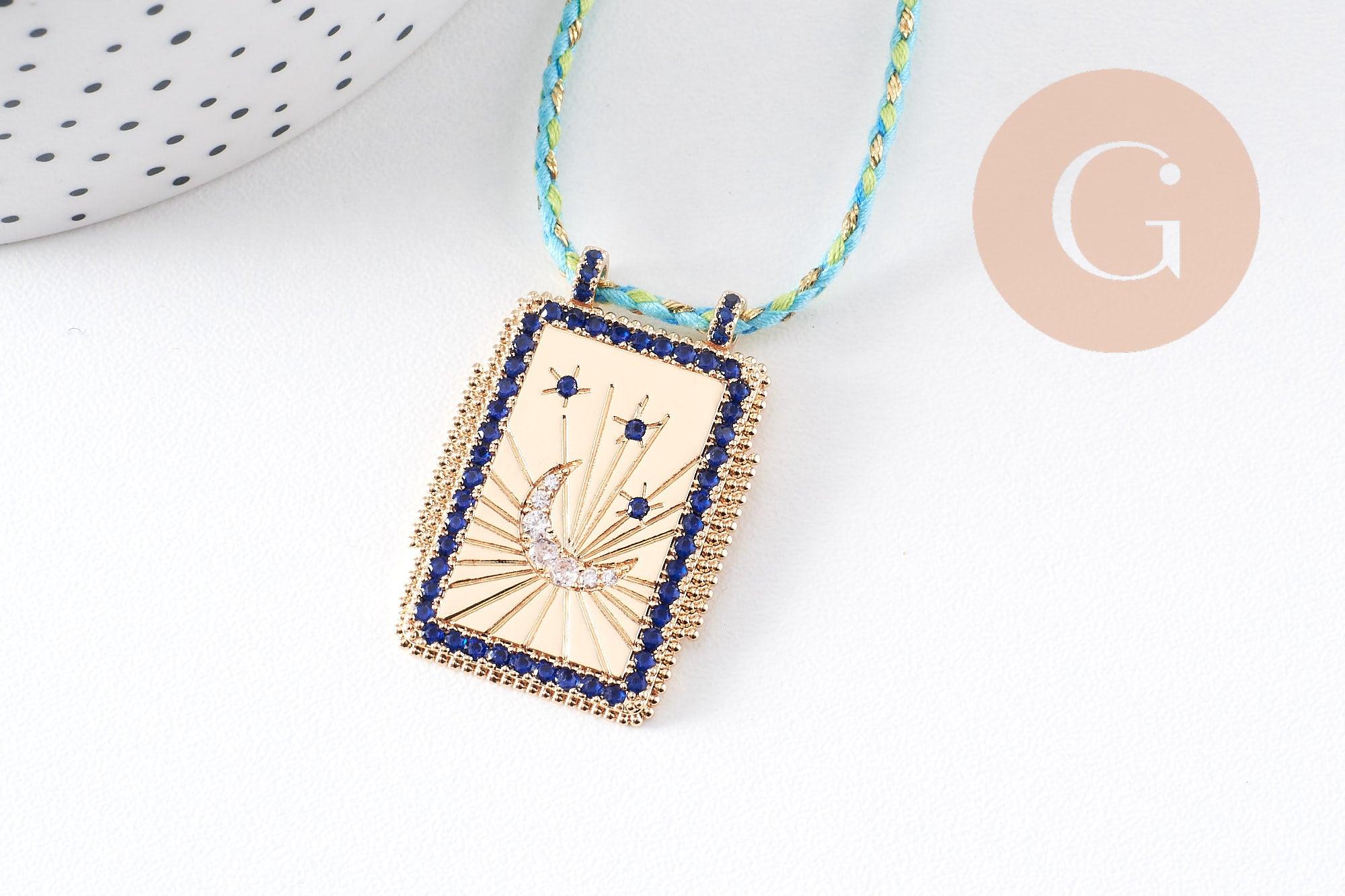 Collier médaille émaillée Lune zircons bleus cordon tressé zamac doré 45cm x1 (G10364-7)