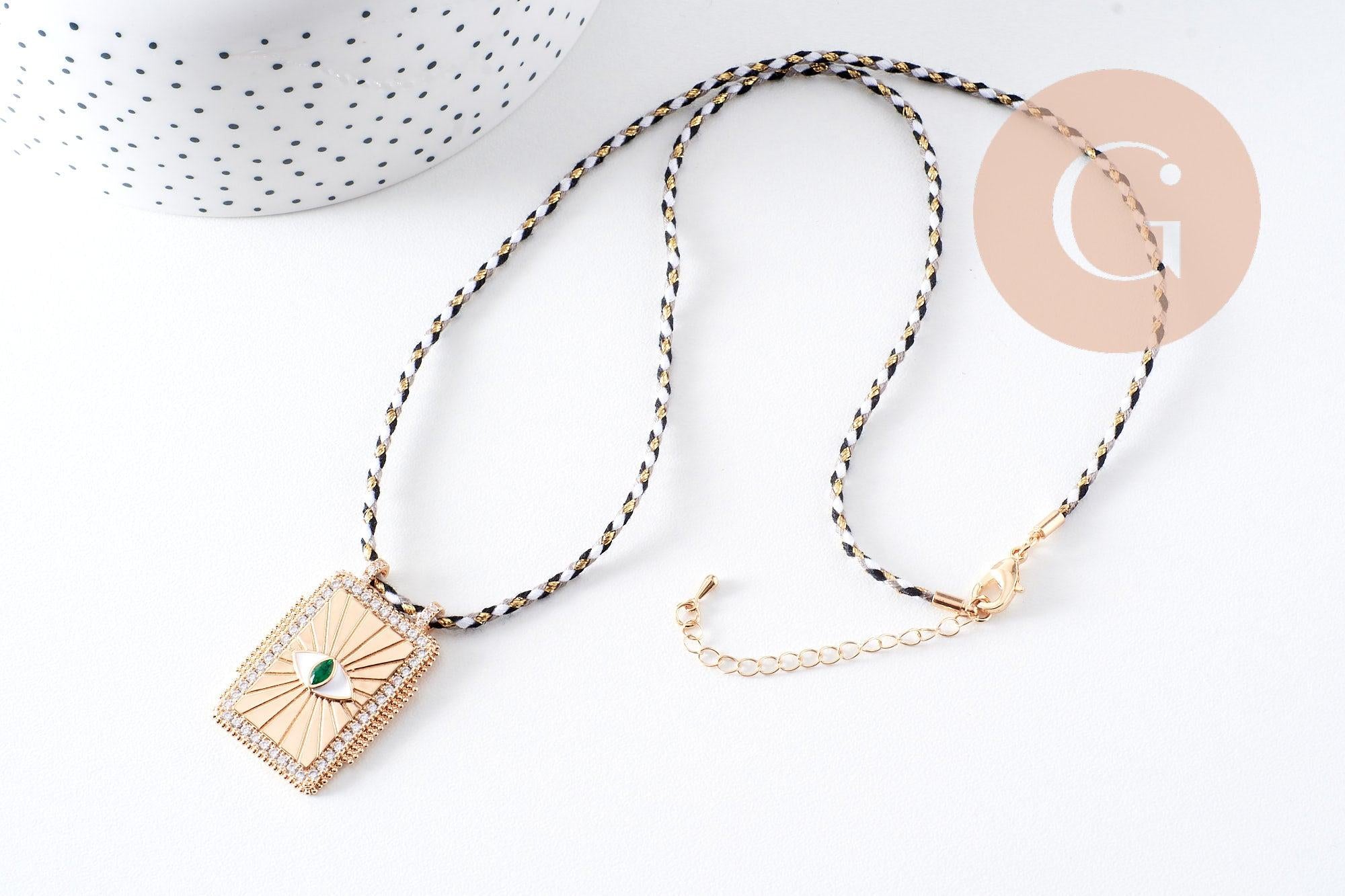 Collier médaille émaillée Oeil zamac doré, collier cordon tressé 45cm x1 (G10364-1)