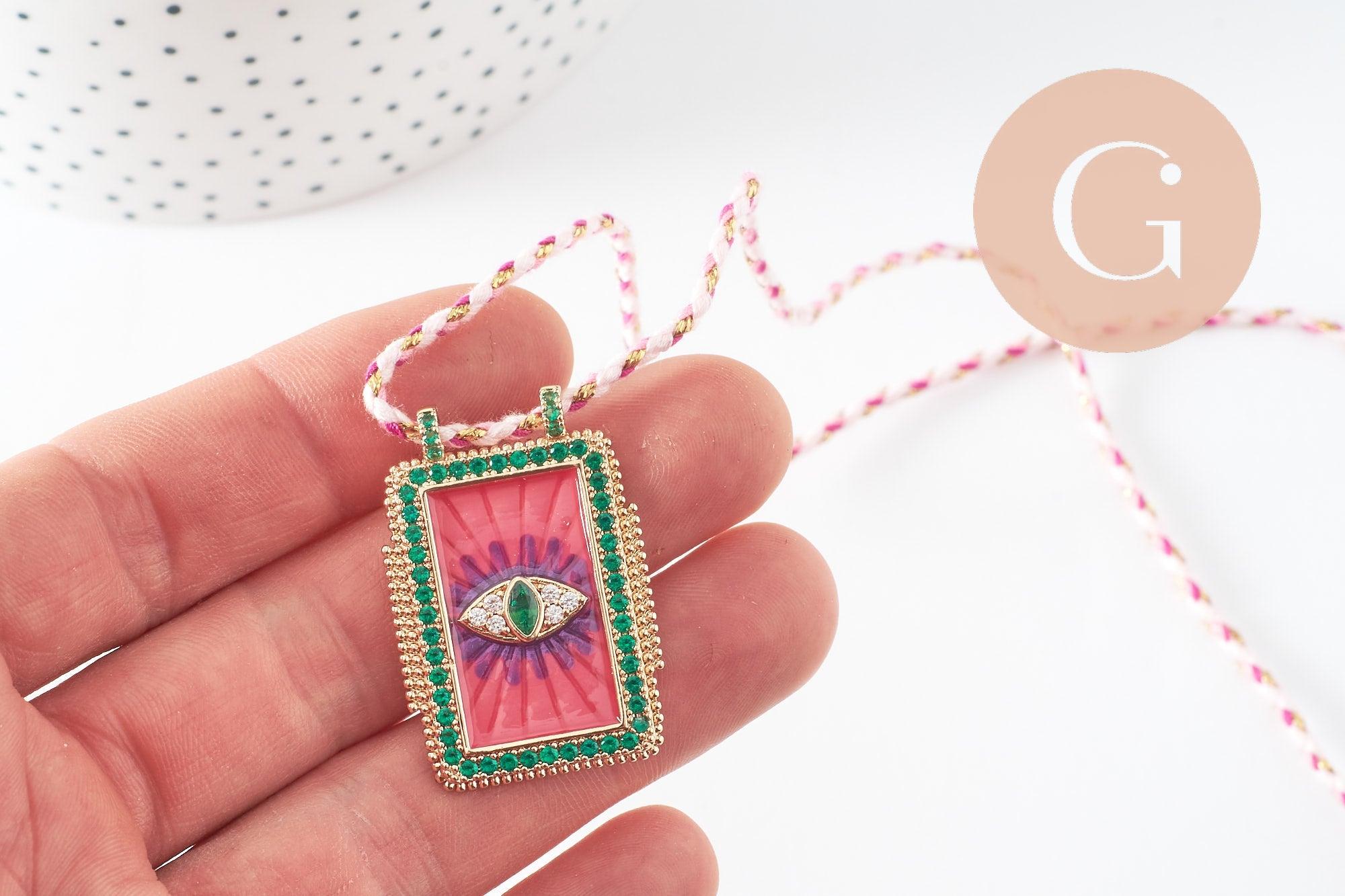 Collier médaille émaillée Oeil zircon rose vert zamac doré, collier cordon tressé 45cm x1 (G9569)