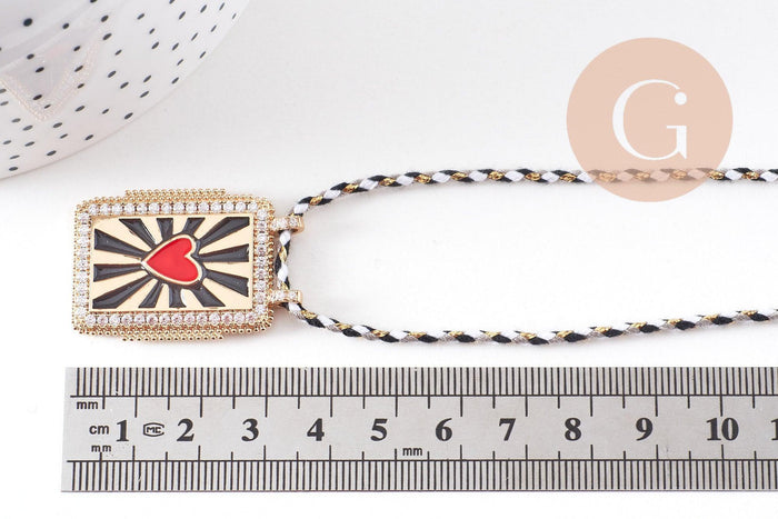 Collier médaille émaillée coeur rouge psychédélique cordon tressé zamac doré 45cm x1 (G10364-10)