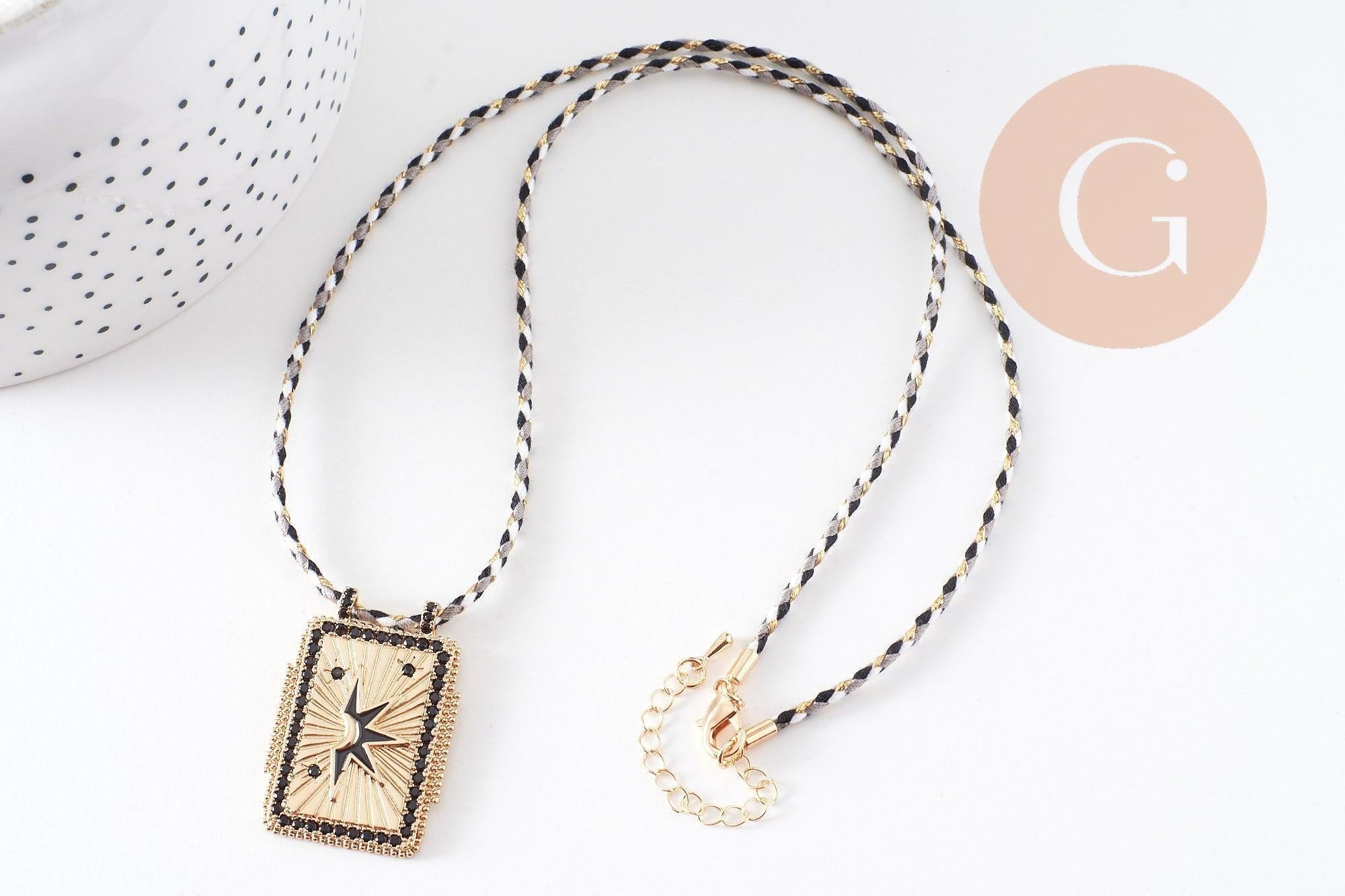 Collier médaille émaillée étoile noire zircons noir cordon tressé zamac doré 45cm x1 (G10364-11)