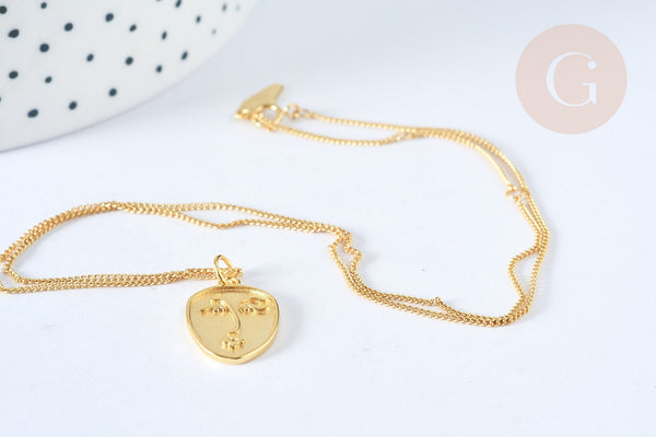 Collier médaille ovale visage moderne argent 925 doré 24K- 45cm,idée cadeau anniversaire, x1 (G7235)