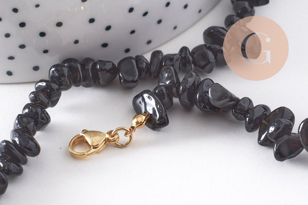 Collier obsidienne noire naturelle chips acier 304 inoxydable doré 40cm, x1 (G10266)