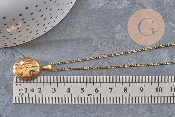 Collier pendentif locket lune & étoiles personnalisable acier 304 inoxydable doré, x1 (G11076)