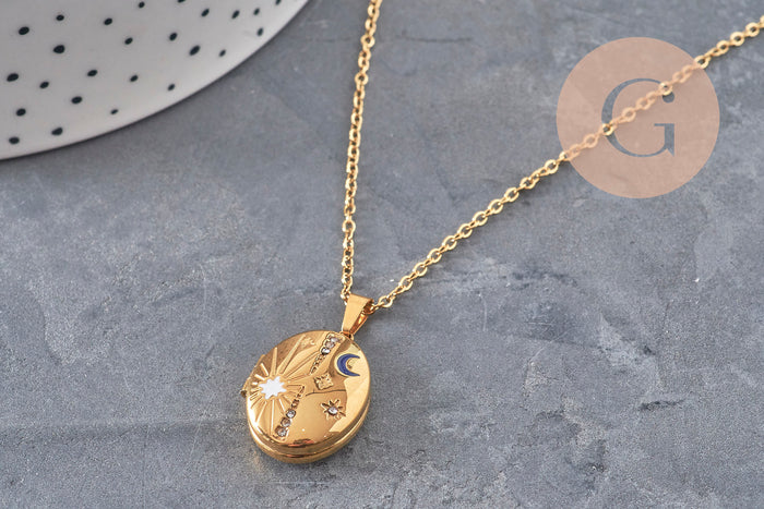 Collier pendentif locket lune & étoiles personnalisable acier 304 inoxydable doré, x1 (G11076)