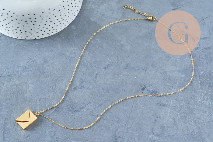 Collier pendentif locket enveloppe avec carte personnalisable acier 304 inoxydable doré IP, x1 (G10202)