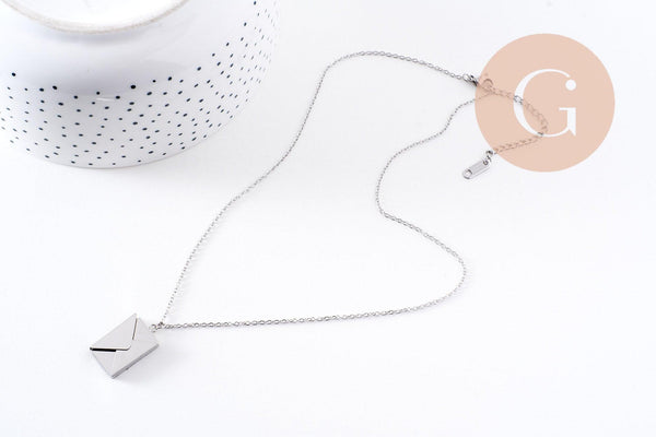Collier pendentif locket enveloppe avec carte personnalisable acier 304 inoxydable platine, x1 (G10203)
