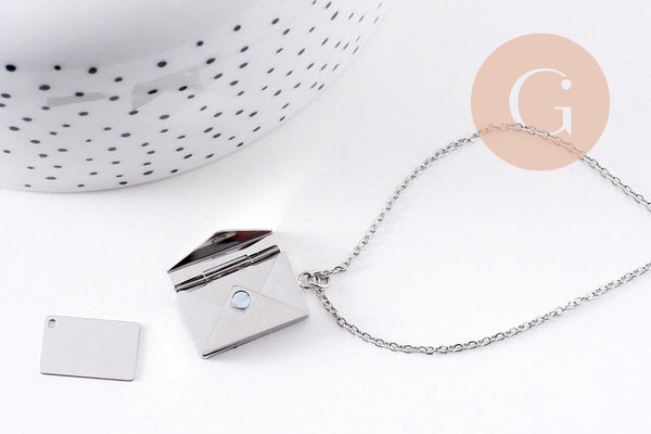 Collier pendentif locket enveloppe avec carte personnalisable acier 304 inoxydable platine, x1 (G10203)