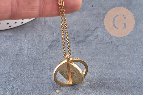 Collier pendentif rond rotatif personnalisable acier 304 inoxydable doré, x1 (G10928)