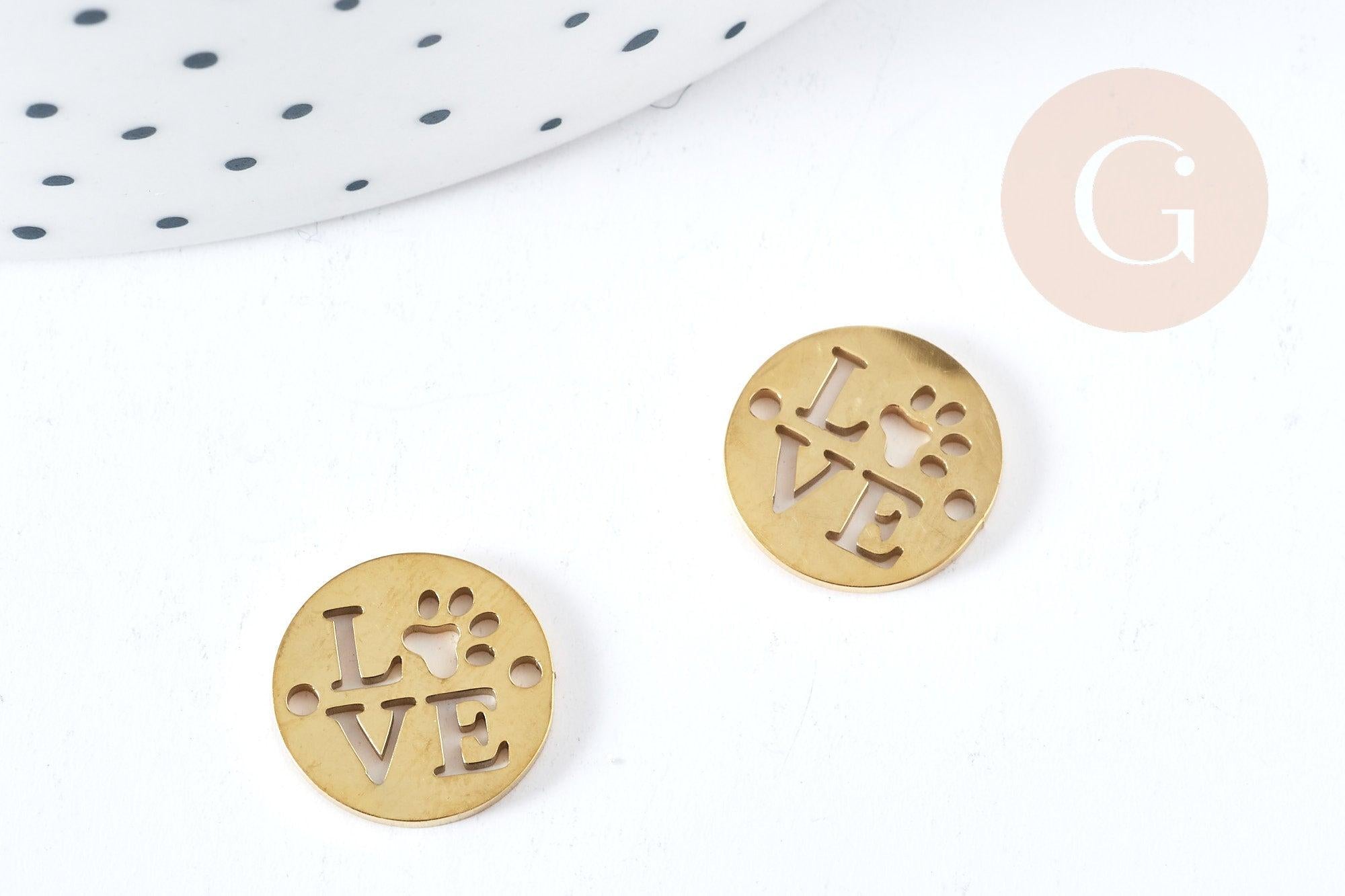 Connecteur Pendentif amour patte chien acier inoxydable doré 12mm, x1 (G8862)