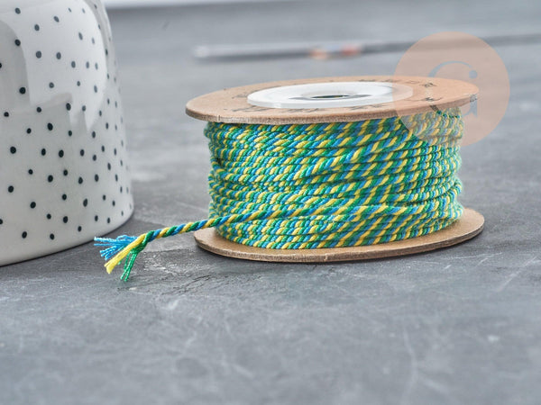 Cordon en coton tressé jaune bleu vert 1.2mm, cordon pour bijoux scrapbooking fabrication bijoux, x1mètre G9195