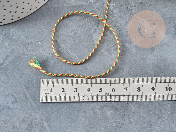 Cordon en coton tressé jaune rouge vert 1.2mm, cordon pour bijoux scrapbooking et fabrication bijoux, x1 mètre G9197