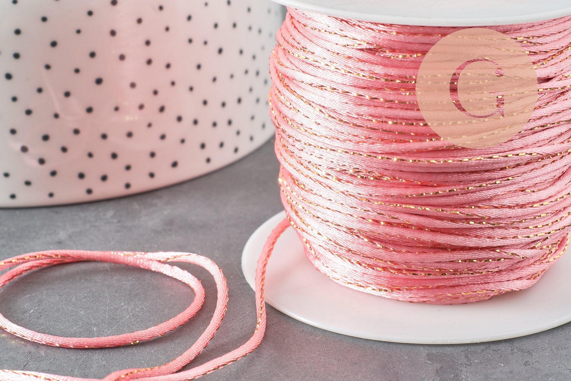 Cordon queue de rat nylon satiné rose et or 1.5mm, x1 mètre (G3762)
