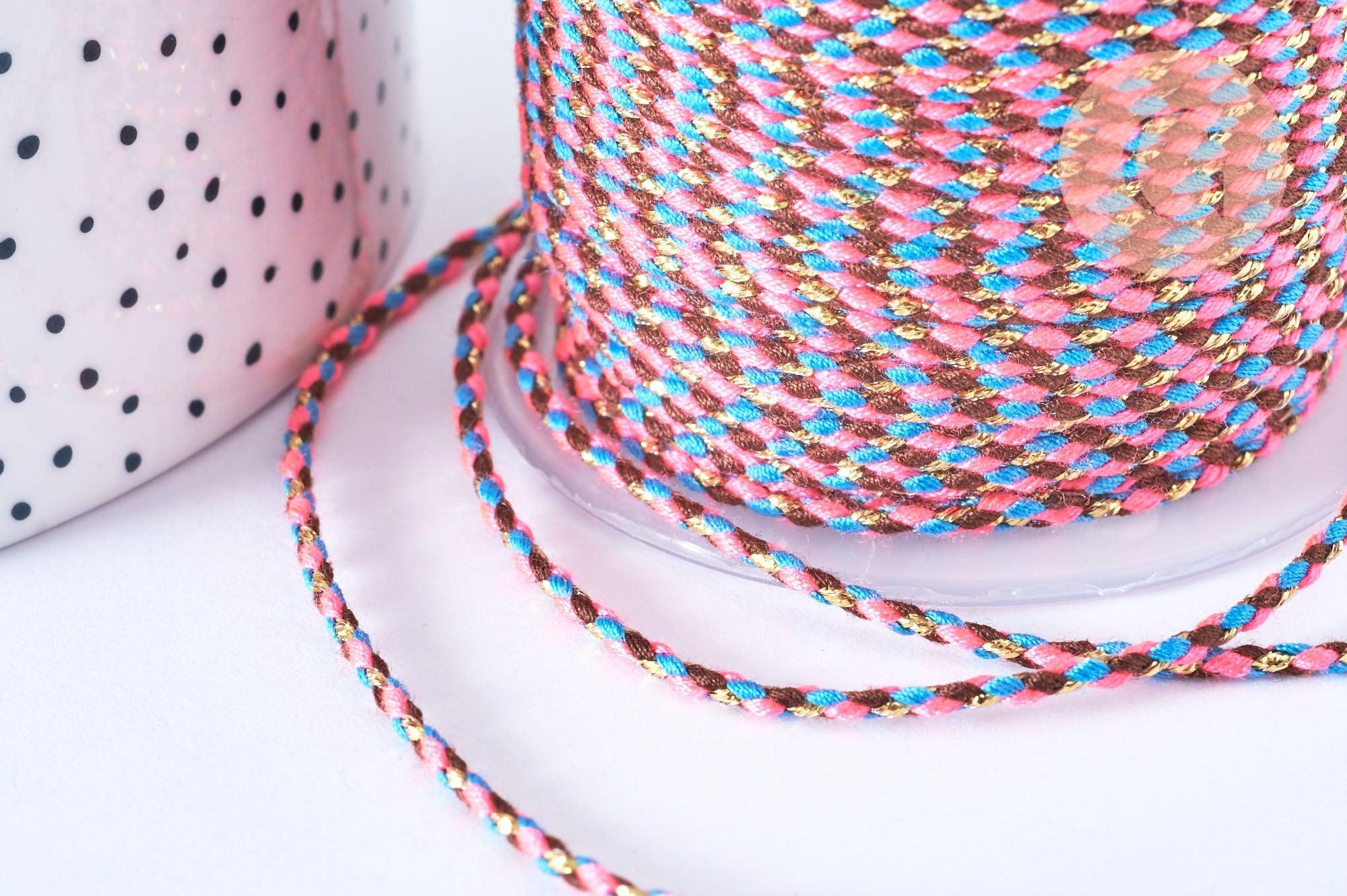 Cordon tressé Bordeau bleu rose fil doré 1.5mm-2mm,cordon multicolore scrapbooking,corde décoration, x1 mètre G6933