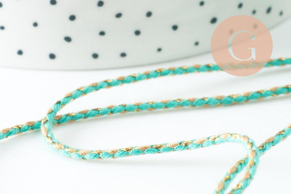 Cordon tressé Vert Jaune turquoise or 1.5mm x1 mètre G9731