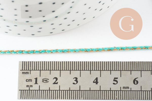 Cordon tressé Vert Jaune turquoise or 1.5mm x1 mètre G9731