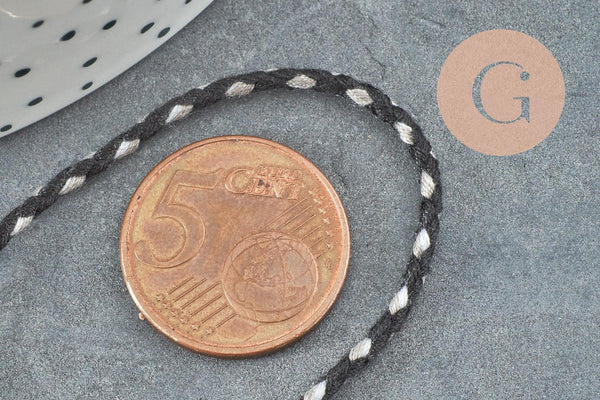 Cordon tressé blanc noir gris 2mm, x1 mètre (G5811)