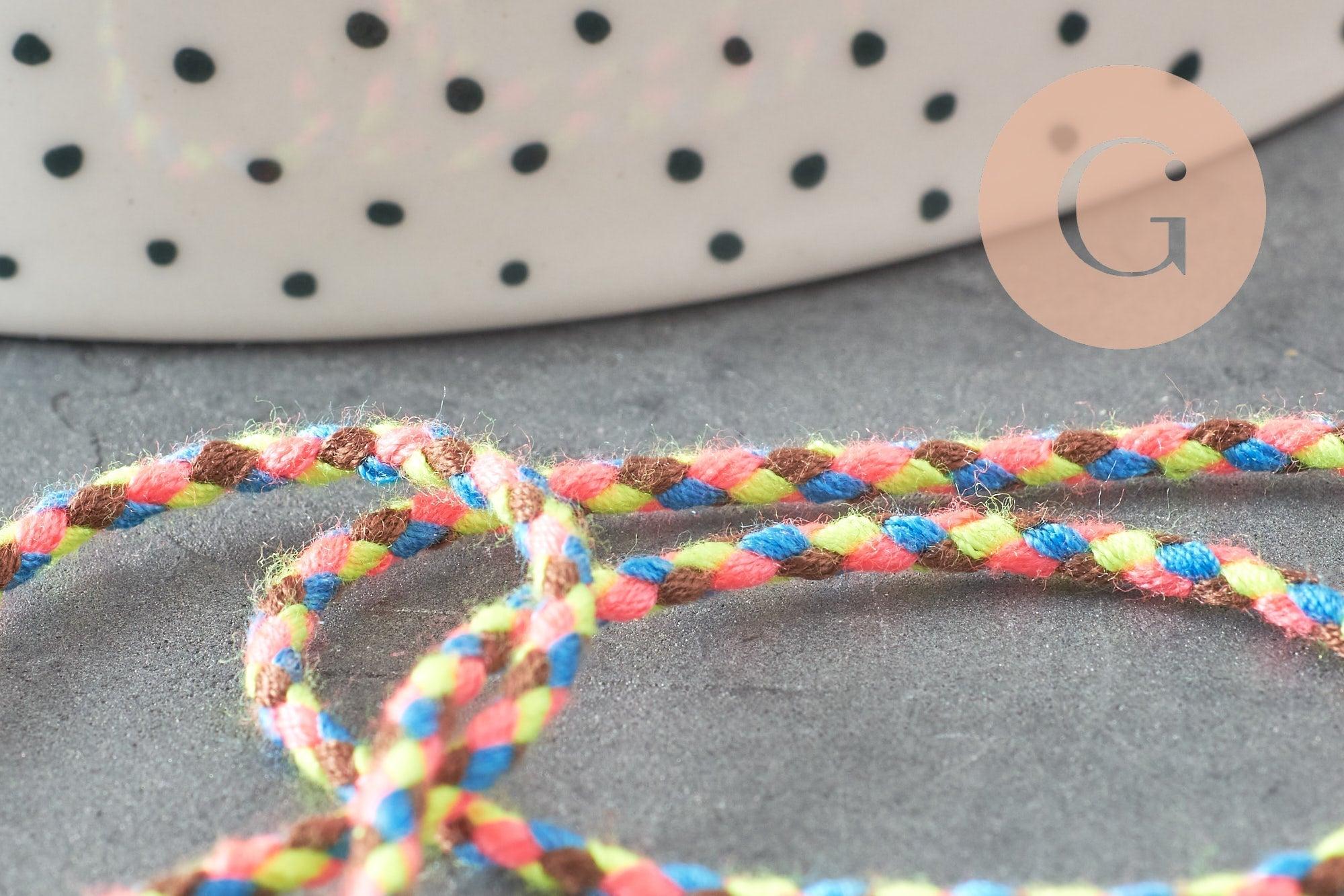 Cordon tressé jaune fluo marron rose bleu 2mm, cordon pour bijoux, cordon multicolore scrapbooking, corde décoration, x1 mètre G5934