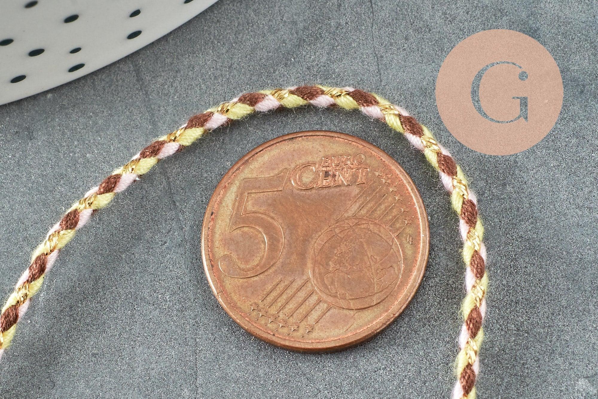 Cordon tressé marron jaune fluo fil doré, cordon pour bijoux,cordon multicolore scrapbooking, x1 mètre (G6211)