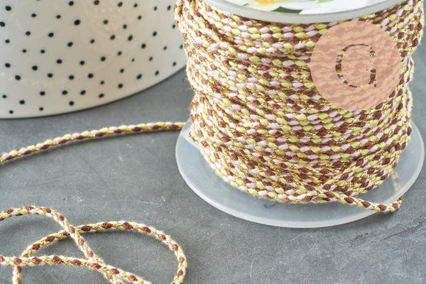 Cordon tressé marron jaune fluo fil doré, cordon pour bijoux,cordon multicolore scrapbooking, x1 mètre (G6211)