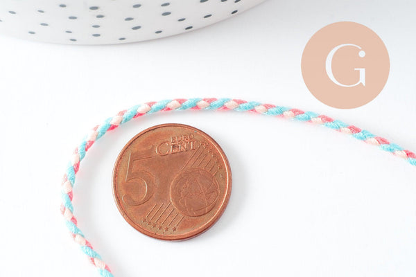 Cordon tressé turquoise beige rose fluo 2mm, x1 mètre (G9883)