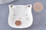Coupelle présentoir à bijoux tête de chat porcelaine blanche et or 85mm, x1 (G10330)