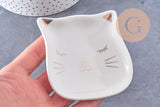 Coupelle présentoir à bijoux tête de chat porcelaine blanche et or 85mm, x1 (G10330)