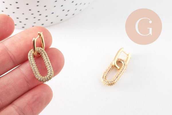 Créole longue laiton doré 16k zircon cristal multicolore bijoux doré, cadeau anniversaire,boucles cristal, 31mm, la paire (G2872)