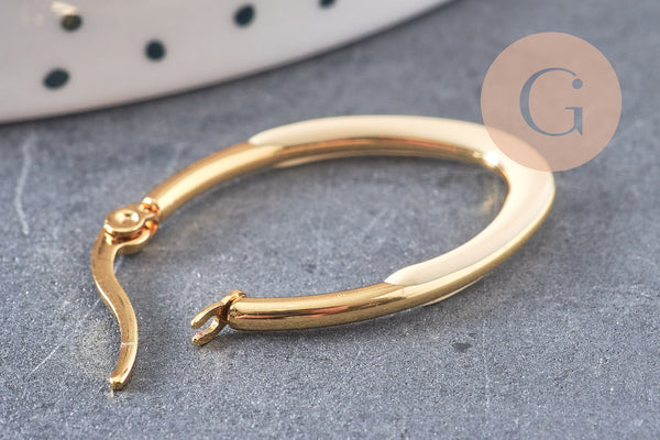 Créole ovale acier doré émail blanc,boucles acier doré inoxydable,30x20mm la paire (G4200)