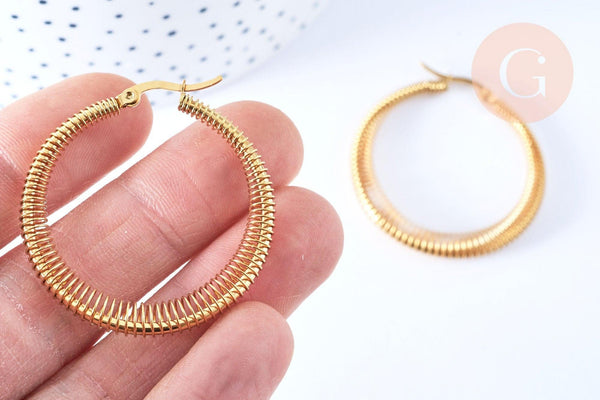 Créoles acier doré 23.5mm, bijoux doré,cadeau anniversaire, oreille percée,sans nickel, boucles acier, la paire (G6640)