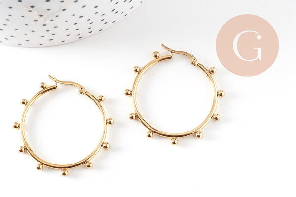 Créoles acier doré boules, bijoux doré,oreille percée,sans nickel, boucles acier, 42.5mm la paire (G4215)