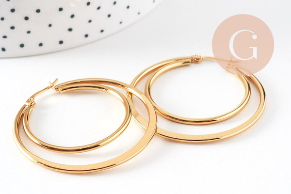 Créoles double acier inoxydable 304 doré 46mm, la paire (G1311)