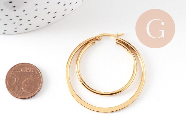 Créoles double acier inoxydable 304 doré 46mm, la paire (G1311)