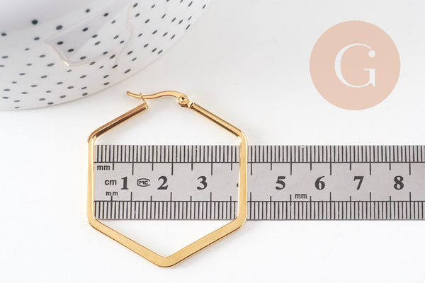 Créoles géométrique acier doré, boucles losange,sans nickel, boucles acier, 32mm la paire (G2297)