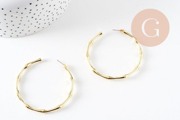 Créoles laiton doré 18k ouverte bambou 52.5mm, bijoux doré et argent 925, la paire (G4783)