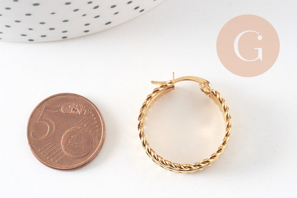 Créoles larges acier doré, oreille percée,sans nickel, boucles sans nickel, boucles acier, 27mm la paire (G0213)