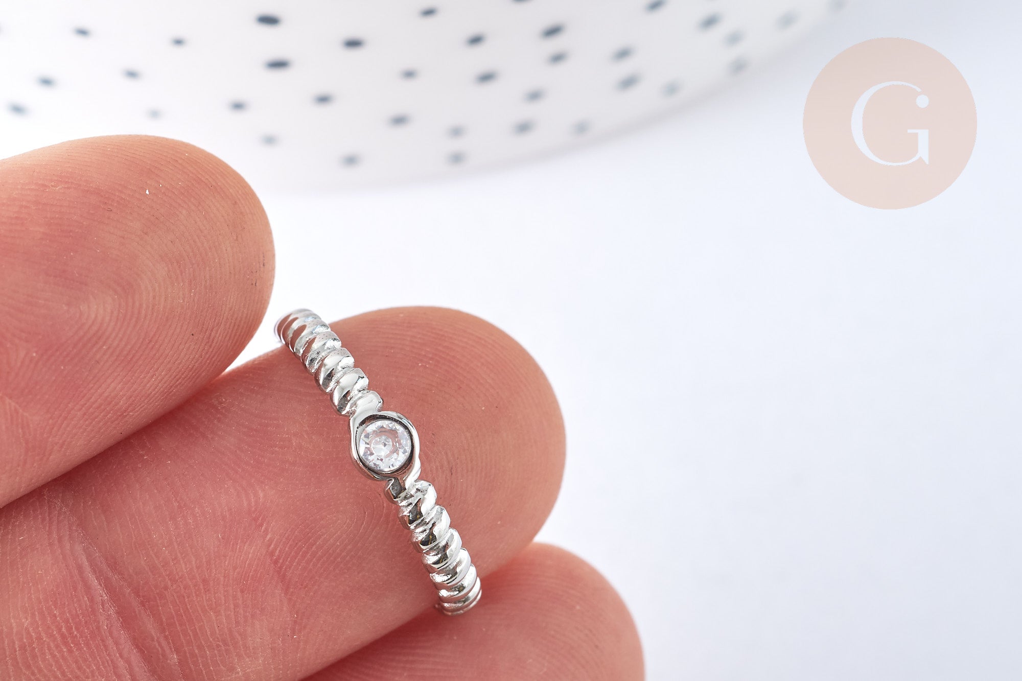EP-Bague réglable fine zircon acier inoxydable argent 304 Taille 63, x1 (G7057)