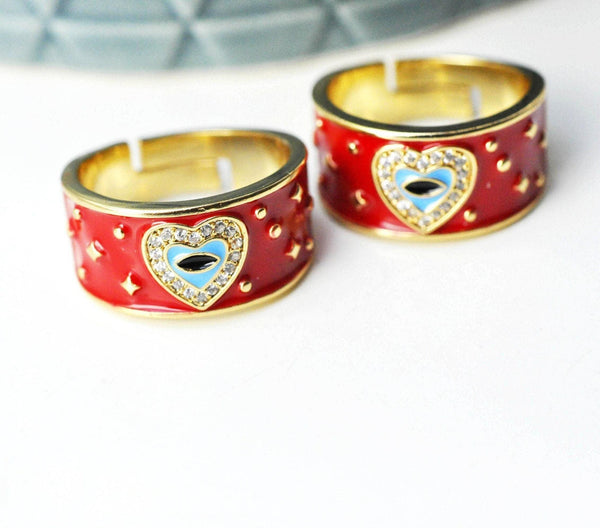 EP-Bague réglable laiton doré émail rouge oeil protecteur 18mm, x1 (G4248)