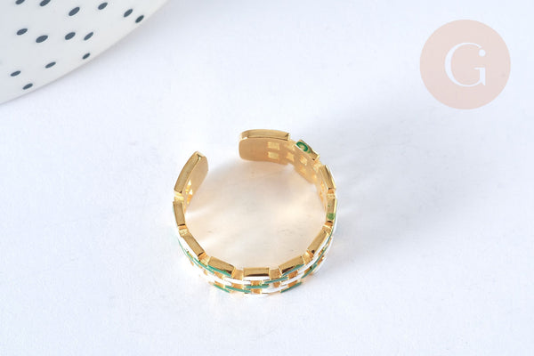 EP-Bague réglable maille croisée acier inoxydable doré émail blanc et vert Taille 54, x1 (G7001)