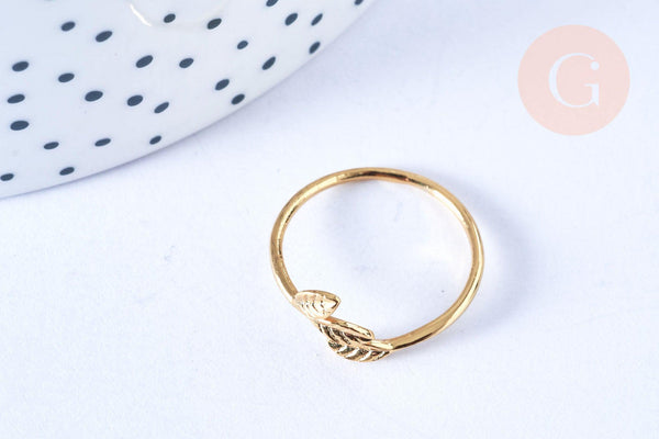 EP Bague réglable petites feuilles gravées laiton doré 16K 19mm, x1