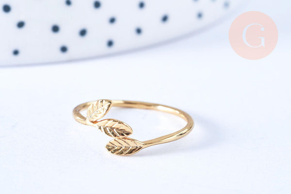 EP Bague réglable petites feuilles gravées laiton doré 16K 19mm, x1